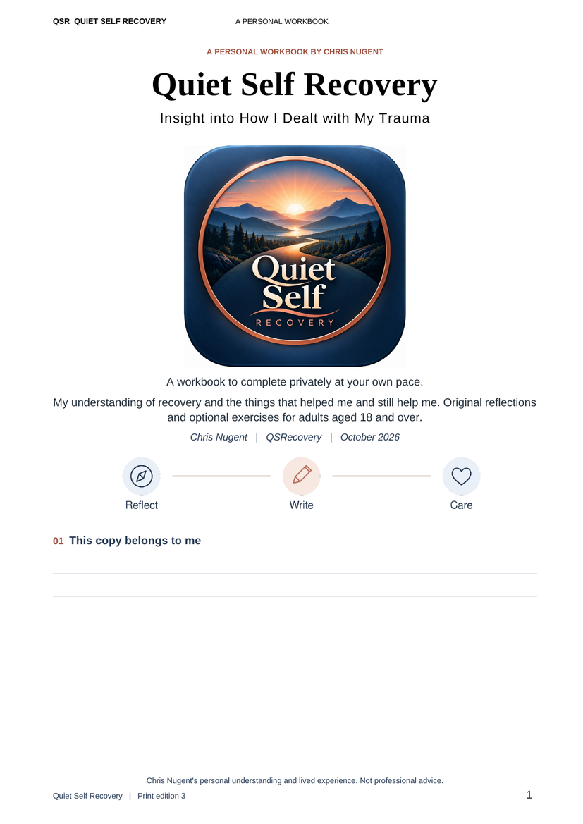 Cover of Quiet Self Recovery, a personal workbook by Chris Nugent, with the blue and copper mountain sunrise logo